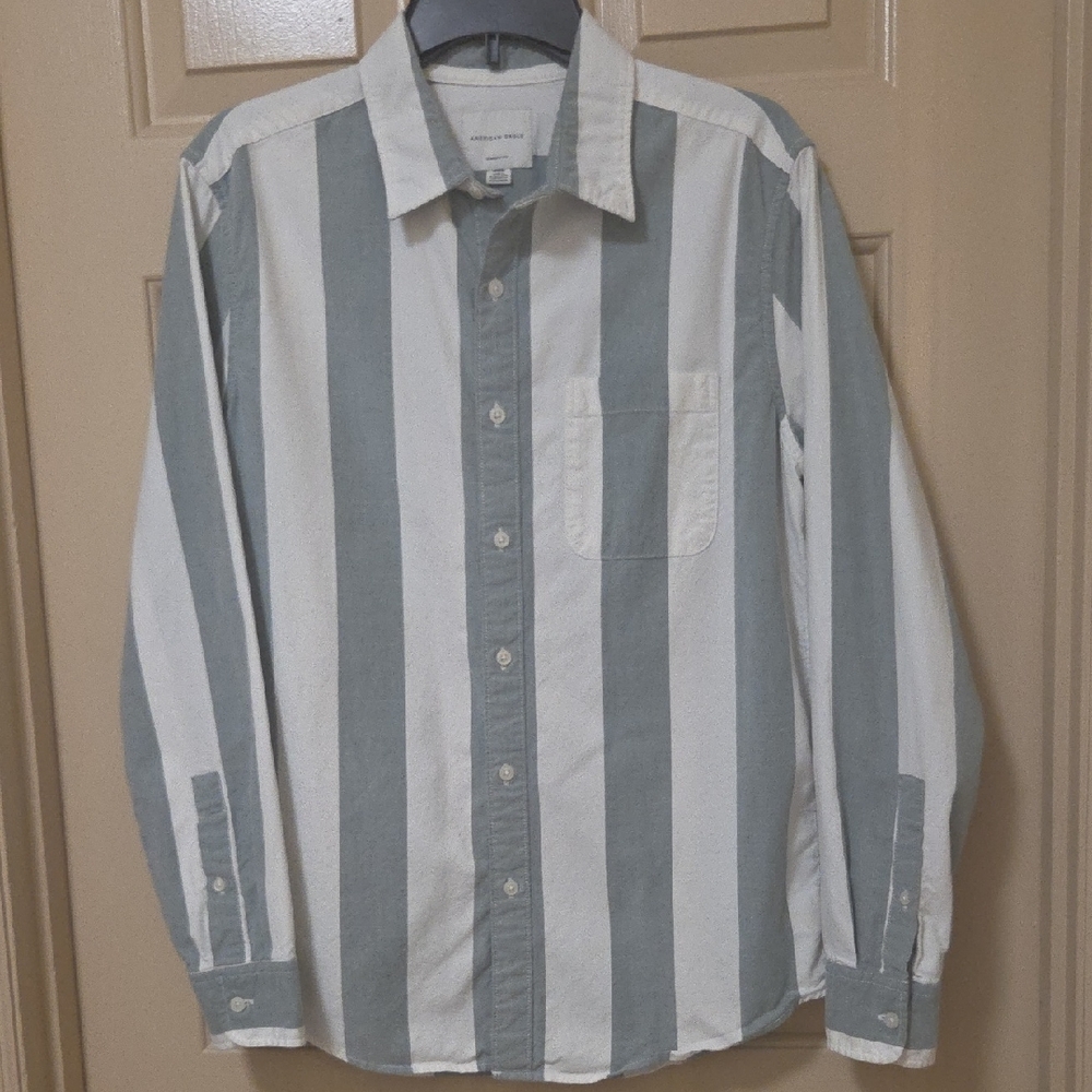 American Eagle Outfitters Gray and White Striped Button-Down Shirt